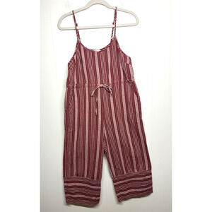 Entro Wide Leg Cropped Jumpsuit Size Small Cotton Hemp Blend Red Striped Pockets